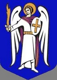 the image of the Archangel Michael on a blue shield